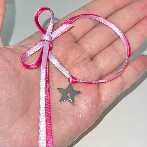 VTG Christian Dior Beauty Pink Ribbon Bow & Star Charm Tie Around Bracelet - Picture 10 of 14